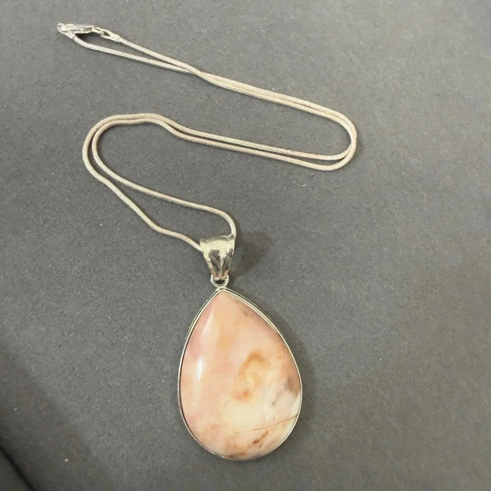 Silver Tone Necklace Pink Stone Teardrop Boho Minimalist Pendant